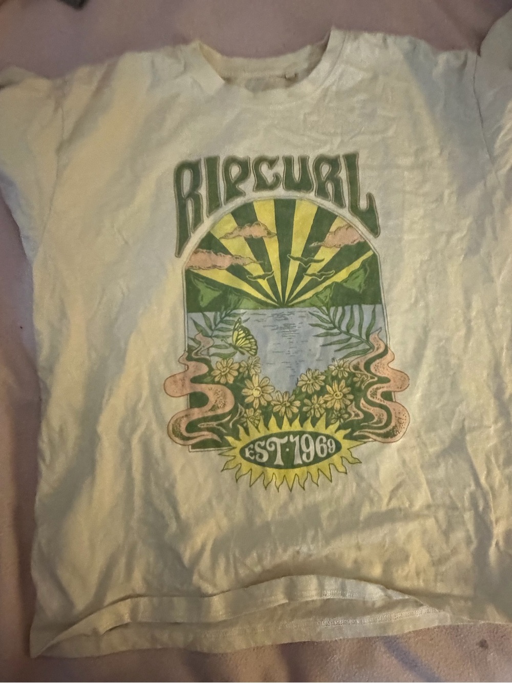 Rip Curl Cream Short Sleeve Tee with Green & Yellow Graphic